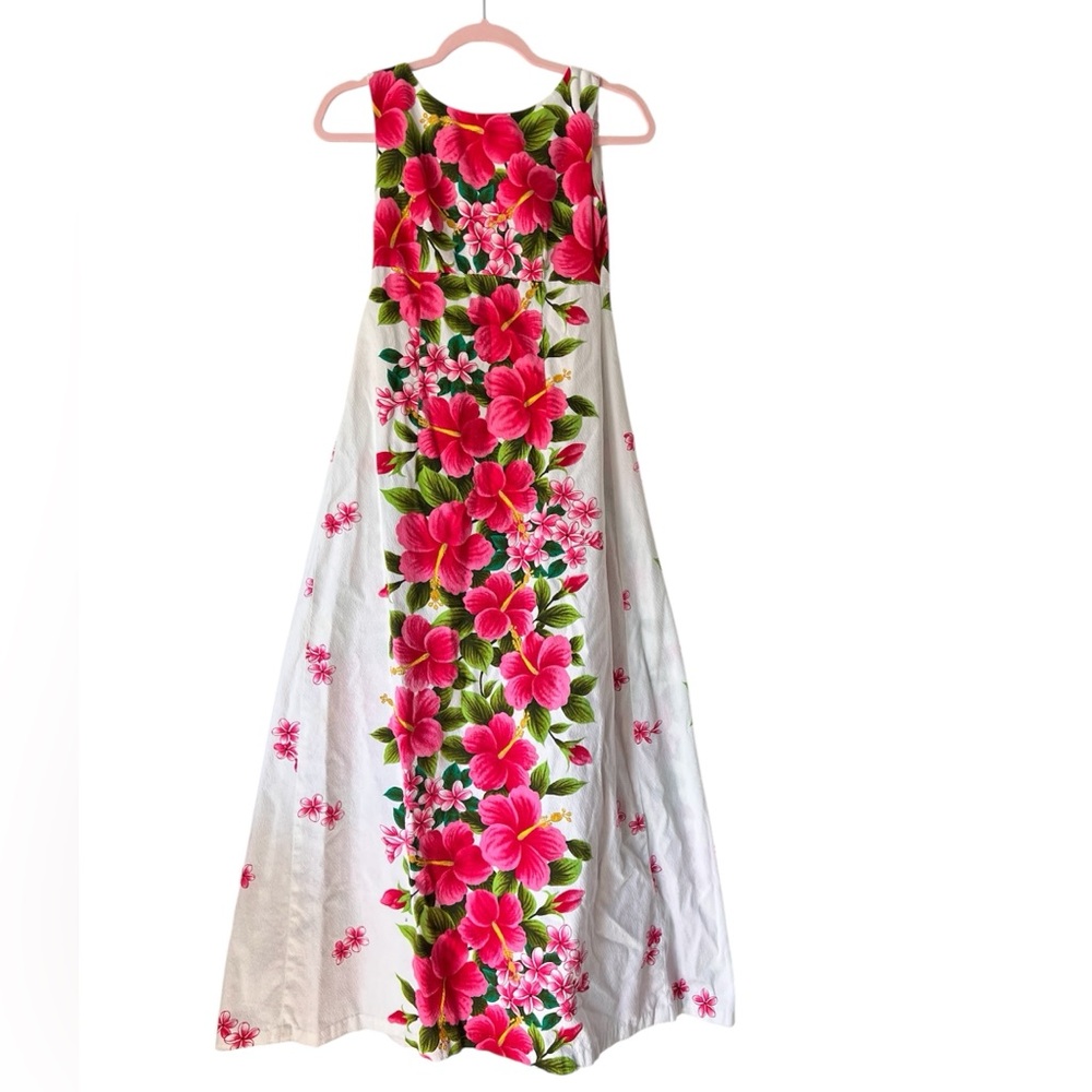 Vintage Ui-Maikai‎ White 100% Cotton Floral Sleeveless Empire Maxi Dress Small